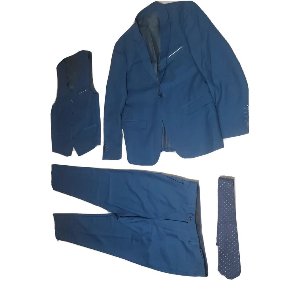 MYS Men's 3 Piece Slim Fit Suit Set One Button Solid Jacket Vest Pants with Tie